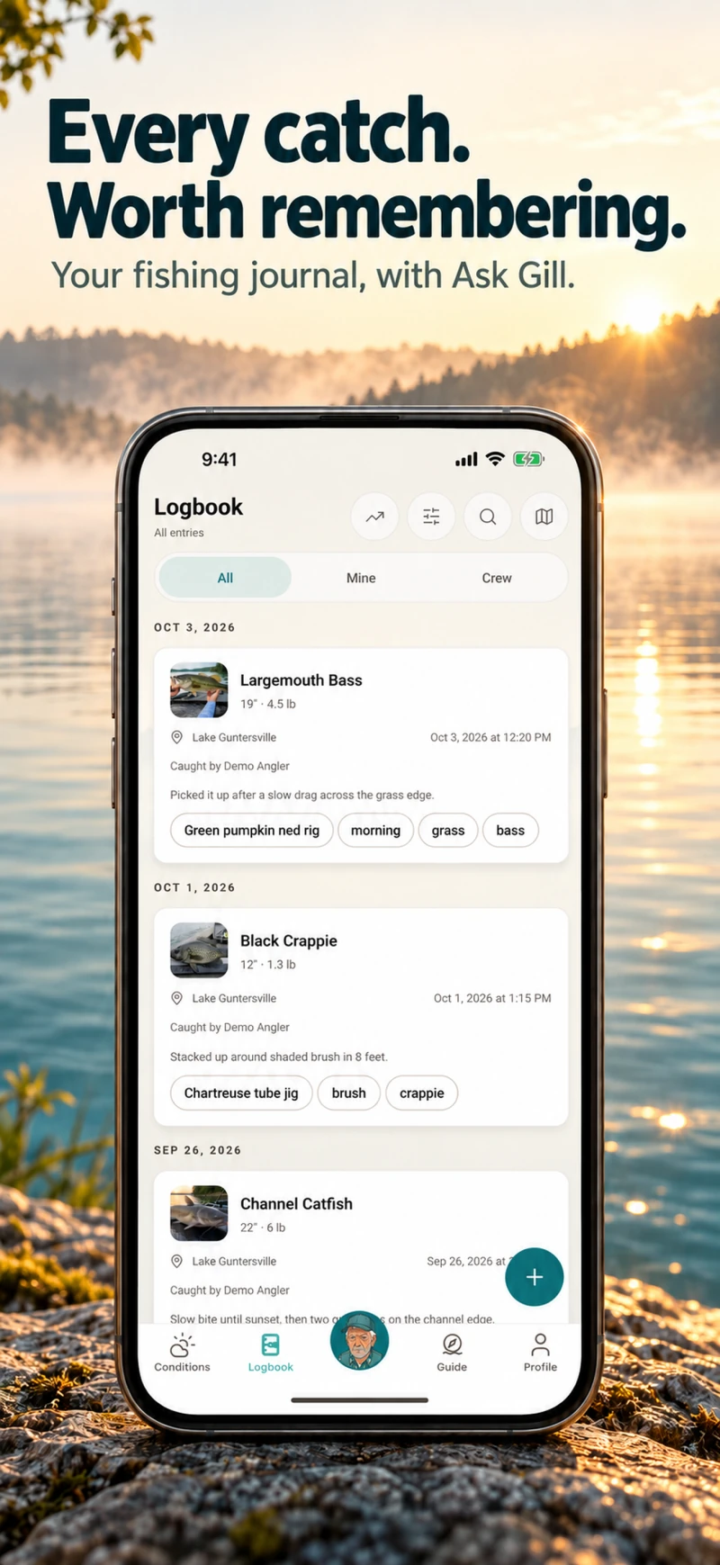 Ask Gill private logbook with largemouth bass, black crappie, and channel catfish catches and tackle notes